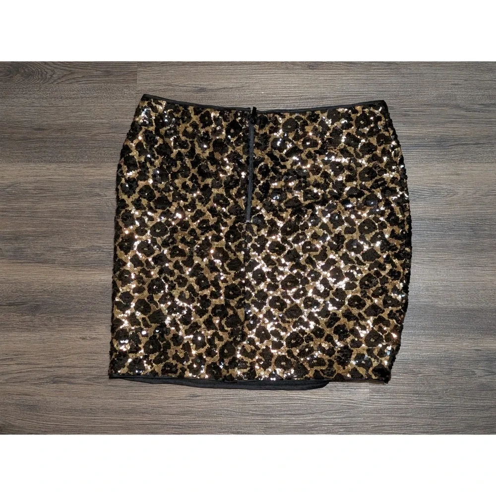Cache Gold Black Leopard Sequin‎ Mini Skirt Size 14 Animal Print Pencil Party